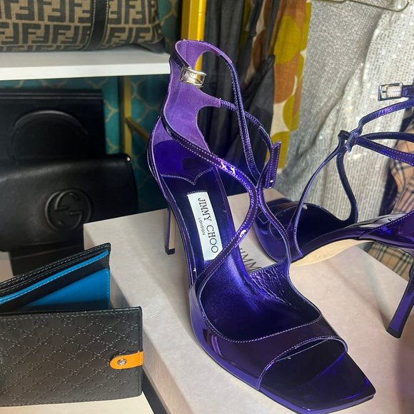 Jimmy Choo Azia 95 Cassis Liquid Metal Leather Sandals new - Picture 2 of 3